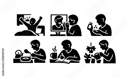 Morning routine icon set. waking up, grooming, medication, breakfast, coffee, reading, watering plants, daily habits for adults. line, flat and colored vector icon set.