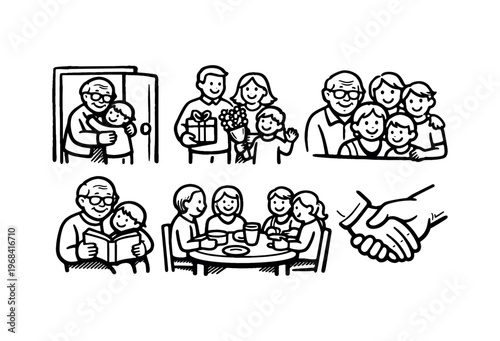 Family visit icon set. family, relatives, grandparents, reunion, home visit, caregiving, greeting, mealtime, togetherness. line and flat vector illustration.
