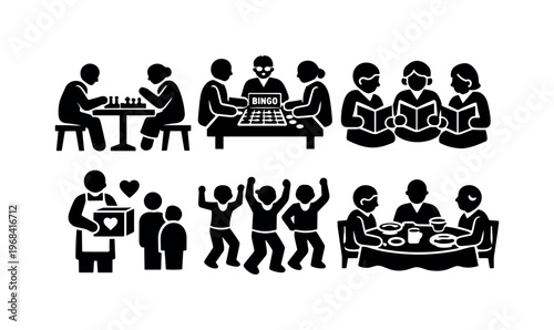 Senior community icon set. seniors playing chess, bingo, reading, volunteering, dancing and dining together. line, flat and colored vector icon set.