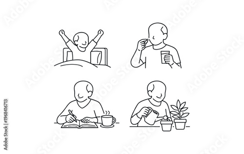 Morning routine icon set. wake up, brush teeth, drink water, cook breakfast, read, water plants, journaling. flat vector illustration isolated on white background.
