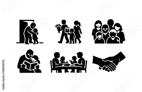 Family visit icon set. hugging hello, bringing gifts and flowers, family portrait, reading to child, family meal, handshake. line, flat and colored vector icon set.