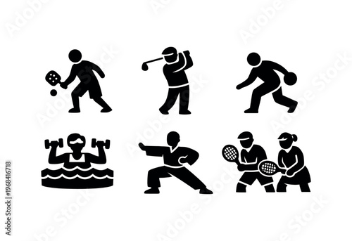 Senior sports icon set. active elderly activities, pickleball, golf, bowling, water exercise, tai chi, tennis doubles, recreation. flat vector illustration.
