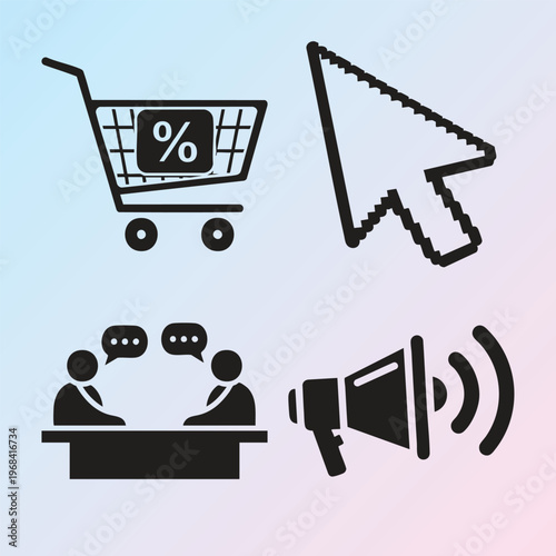 Black vector icons, business communication, marketing symbols, web interface elements