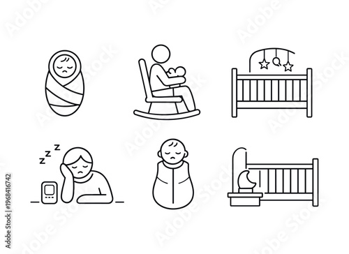 Baby sleep icon set. outline swaddled baby, rocking chair nursing, crib with mobile, parent with baby monitor, swaddle and bedside lamp. line and flat vector illustration.