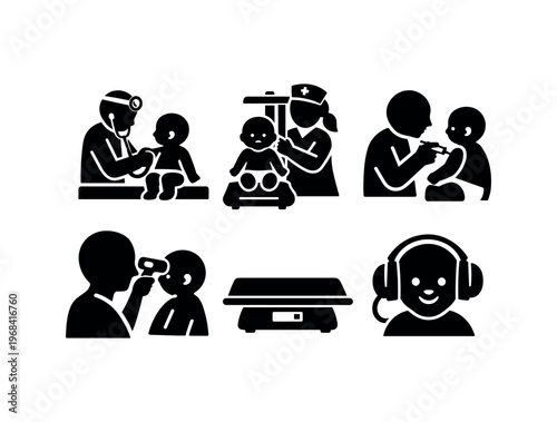 Baby health icon set. infant, baby care, pediatric checkup, vaccination, weighing scale, hearing screening, temperature check. line, flat and colored vector icon set.