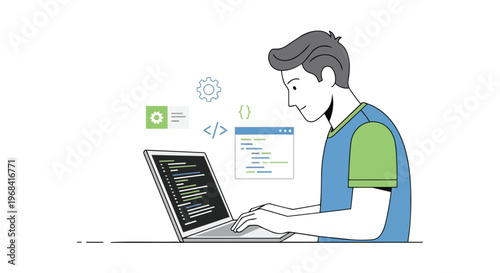 Young programmer engrossed in coding on a laptop with abstract digital elements surrounding him, illustrating modern technology and software