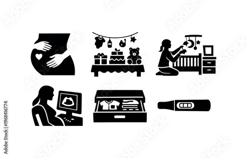 Pregnancy icon set. maternity, prenatal care, ultrasound, baby shower, nursery preparation, pregnancy test, expecting mother. line, flat and colored vector icon set.