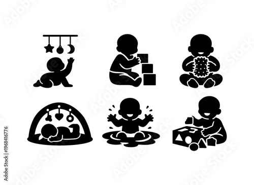 Baby play icon set. infant play silhouettes, crawling, stacking blocks, teething, play mat, splashing, toy box, toddler activities. line and flat vector icon set.