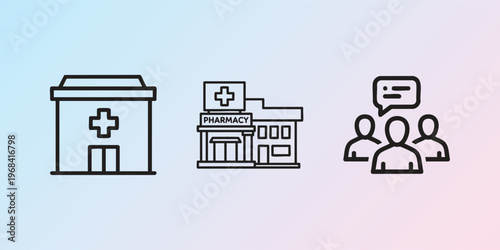 Medical icons, healthcare symbols, clinic signs, doctor office illustrations