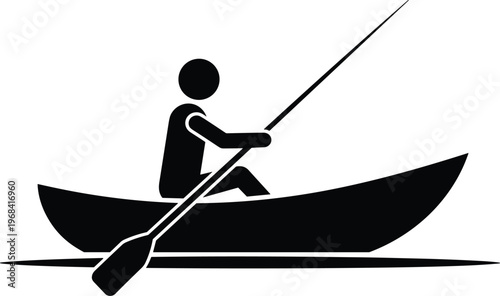 Person rowing boat silhouette on water, canoe paddling icon, outdoor activity, fishing concept, minimal vector illustration, lake adventure lifestyle design
