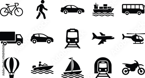 Diverse icons representing various modes of transportation and travel methods