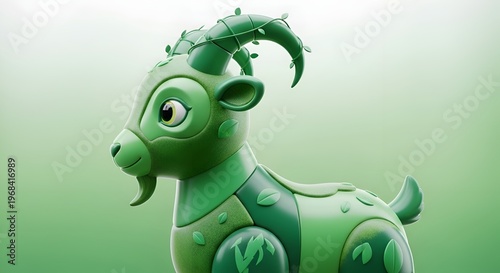 Green robotic goat, futuristic animal, metallic toy, eco friendly technology