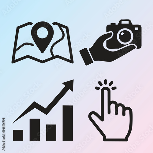 Vector icons set, business and technology symbols, location, photography, growth, and interaction, 4 black graphics