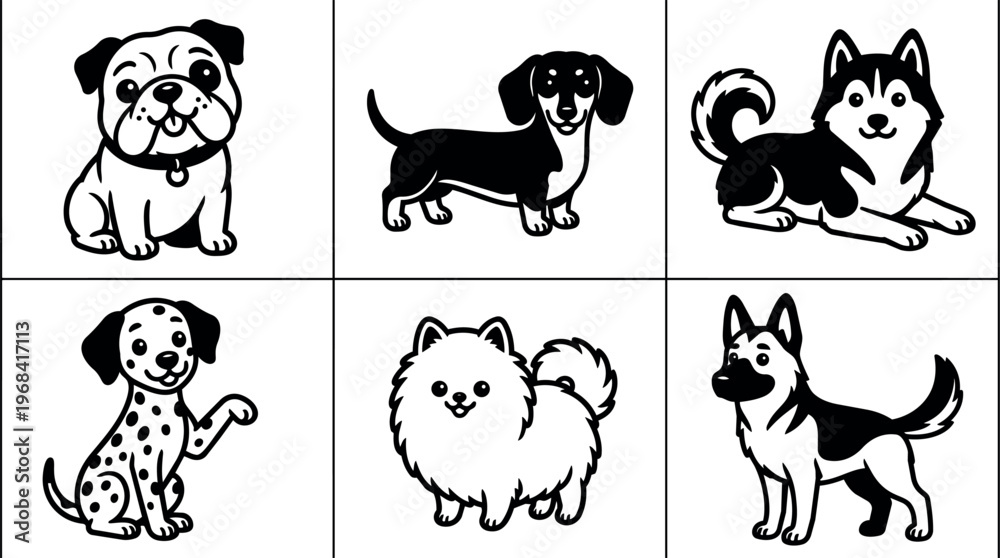 Fototapeta premium Six panel dog collage featuring bulldog beagle dachshund and friends in line art