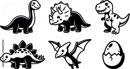 Cute dinosaur silhouettes line art