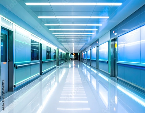 Modern Hospital Corridor with Bright Lighting and Clean Design.