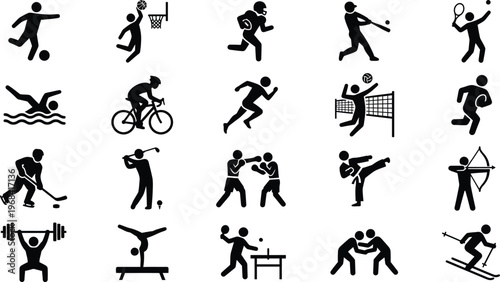 Iconic illustrations of various sports and physical activities