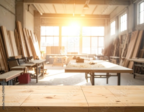 Bright Spacious Woodworking Workshop With Sunlight.