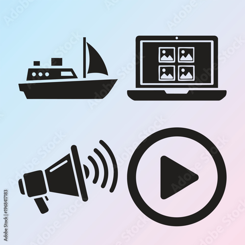 Multimedia icons, play button, megaphone, boat, laptop, vector graphics
