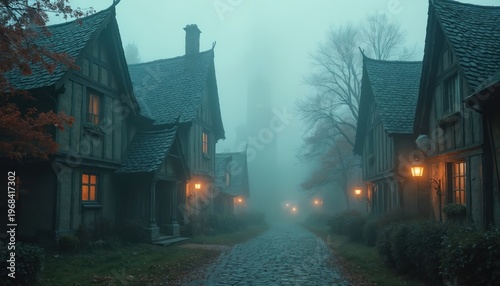 Mysterious medieval village street shrouded in dense fog. Cobblestone path leads between old timbered houses with glowing windows, lanterns. Tower looms in distant mist creating eerie, quiet
