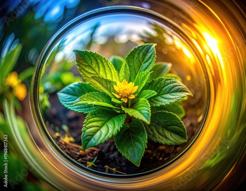 Close Up of Green Plant with Yellow Flower in Soil.