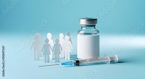Medical Syringe and Vial Beside Paper Figures Representing Community Healthcare