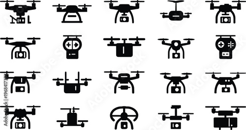 Diverse collection of creative drone designs and icons showcasing various functionalities