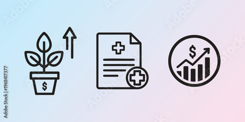 Financial growth icons, business finance symbols, investment money signs, 3 editable vector graphics