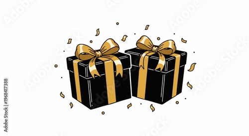 Two black gift boxes with gold ribbons and confetti scattered