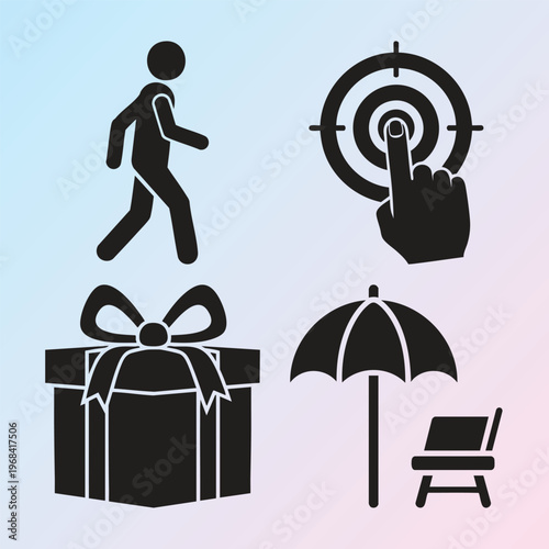 Black icons set, gift, umbrella, target, walking, 5 symbols, vector graphics