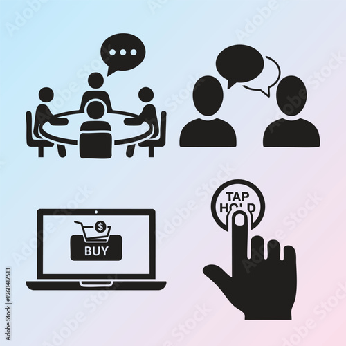 E-commerce, business communication icons, conversation, online shopping, tap here