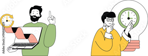 Two people demonstrating time management and productivity through unique visual metaphors with digital devices