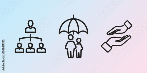 Business icons, protection and support, teamwork and insurance, simple line style