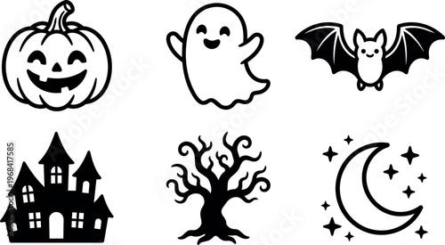 Halloween vector icons pumpkin ghost bat castle tree moon set
