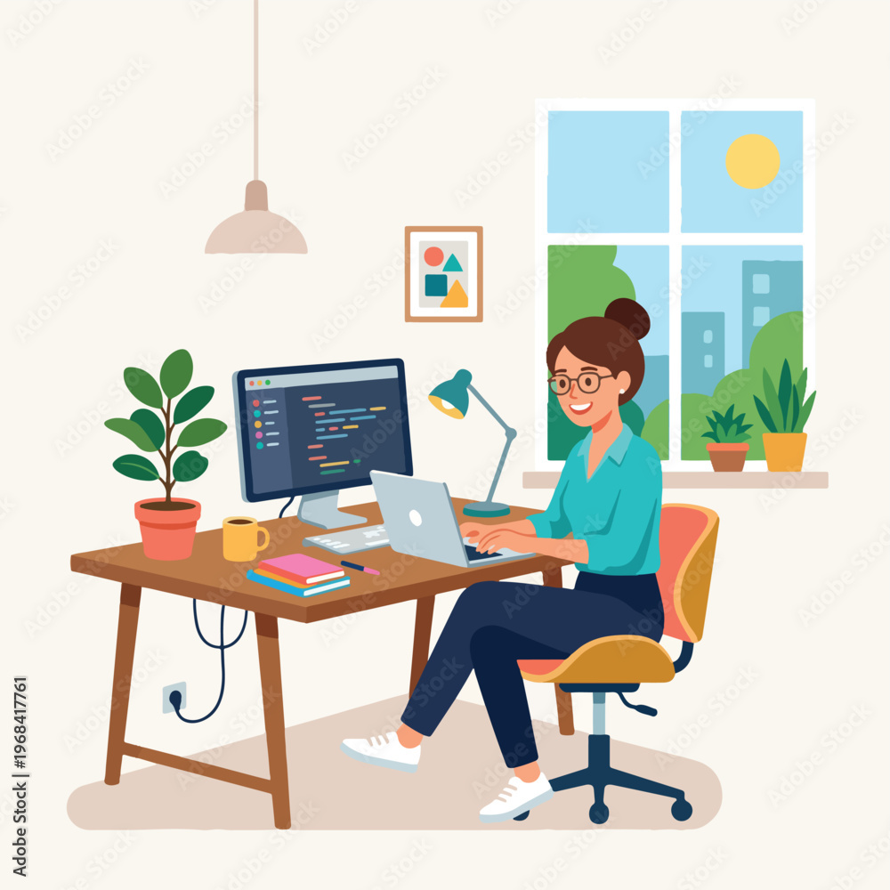 Fototapeta premium Female software developer working on laptop and desktop computer at home office with window view vector illustration
