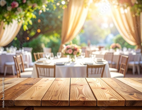 Wooden Table with Blurred Outdoor Wedding Reception Background.