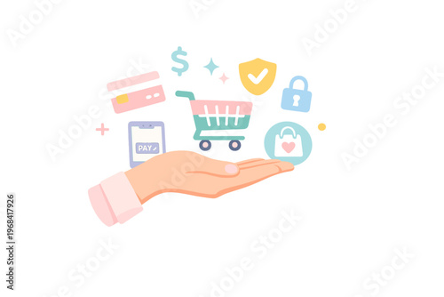 Online Shopping and E Commerce Concept with Cart, Payment and Secure Transaction Illustration