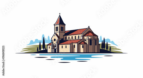 Stylized illustration of a stone church with a red roof and bell tower