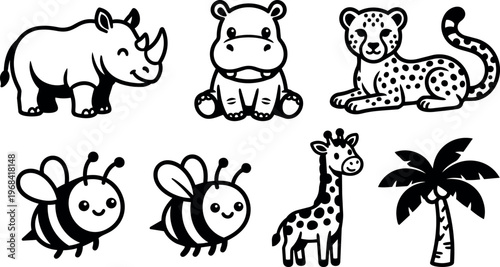 Vector line art cartoon animals with rhino hippo leopard bee giraffe and palm tree