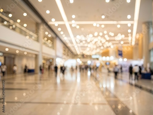 Modern spacious airport terminal with travelers walking.