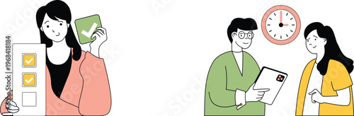 Two women checking off tasks and a man explaining a document with a clock in background