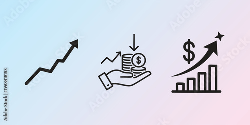 Financial growth icons, business success symbols, money and chart vectors, 3 economic increase illustrations