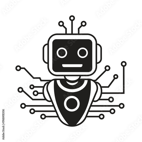 AI Robot with Circuit Lines Vector Illustration, Cute Artificial Intelligence Bot Icon Design