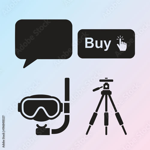 Vector icons, speech bubbles, snorkeling gear, tripod, buy button, flat design elements