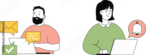 Two people communicating through emails and notifications while working remotely with a friendly and professional approach