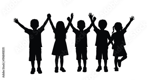 Five joyful children raising arms in a celebratory pose silhouette