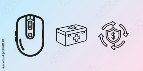 Medical, business, finance icons, computer mouse, first aid kit, shield, dollar symbol, 3 vector graphics