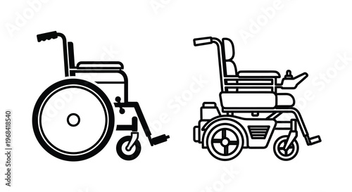 Two wheelchair designs shown in a striking black outline silhouette