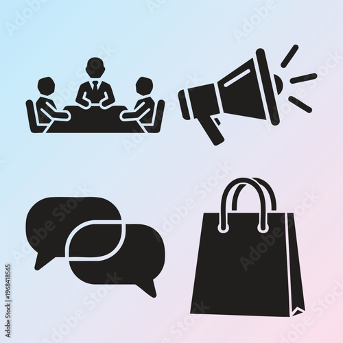 Business Communication Icons, Vector Graphics, Marketing Symbols, Black Illustrations