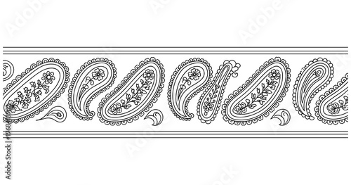 Ornamental paisley border with flowers and leaves, ethnic monochrome line art illustration for frame or invitation design.
